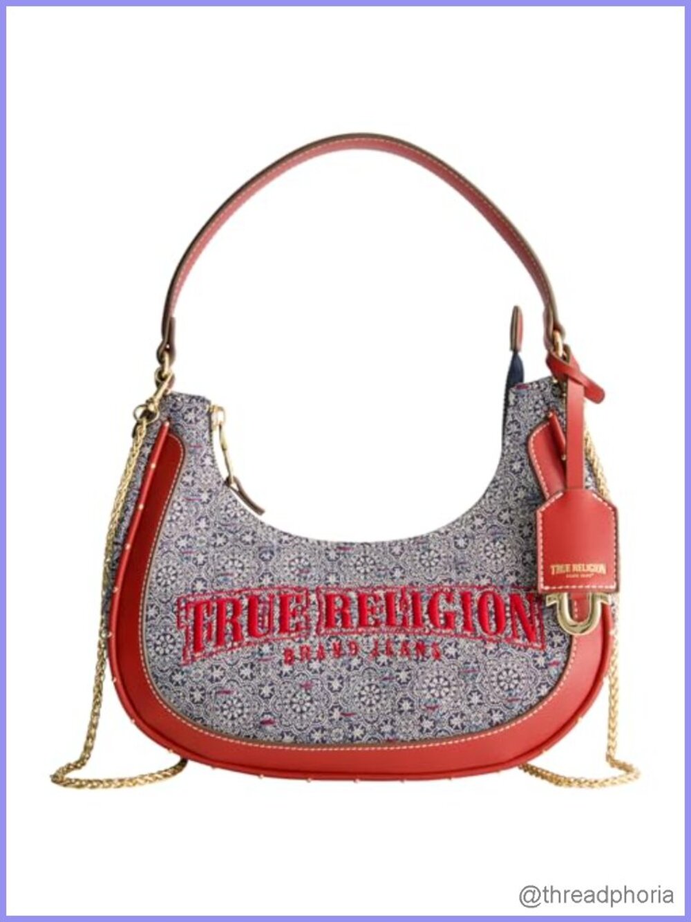 True Religion Hobo Bag Striped Denim Cotton Blend Chain Strap
